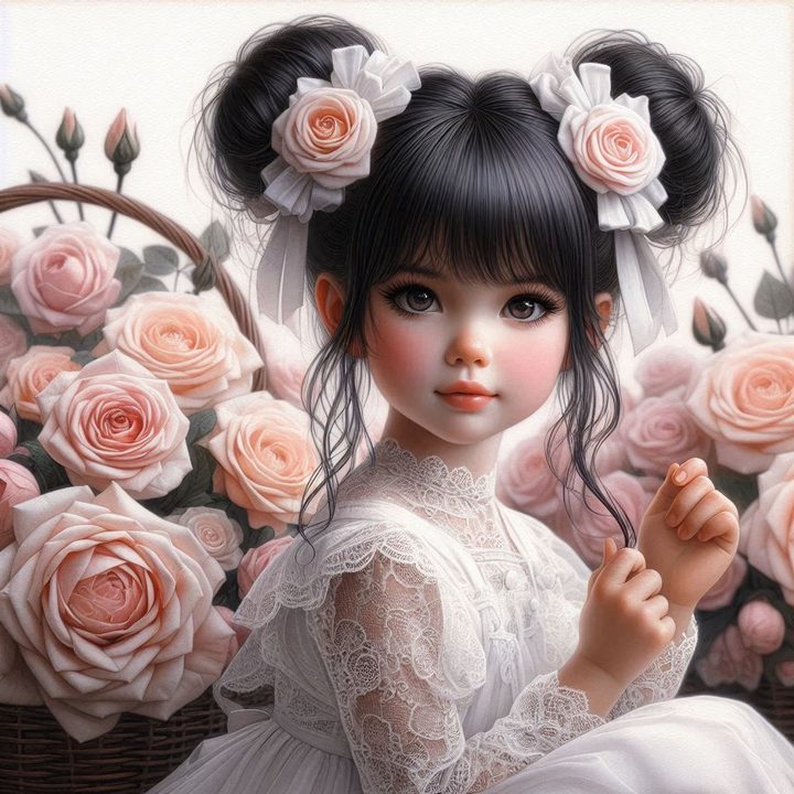 A storybook girl in a white dress among pale pink roses