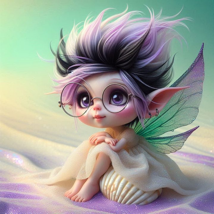 A small fairy with violet hair and round glasses sitting on a shell