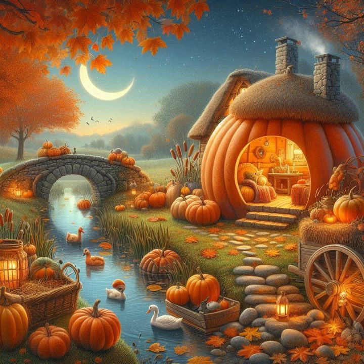 A pumpkin cottage glowing beside a river under a crescent moon