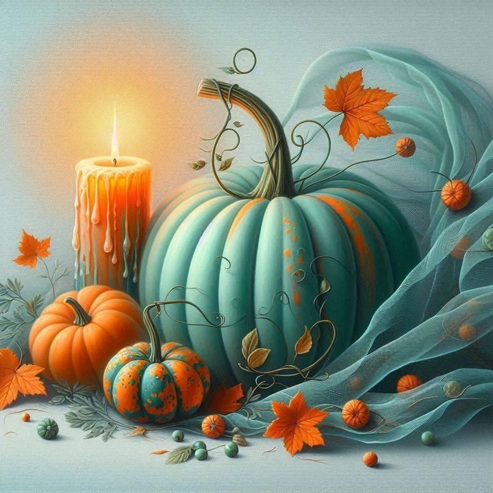 Teal and orange pumpkins beside a glowing candle